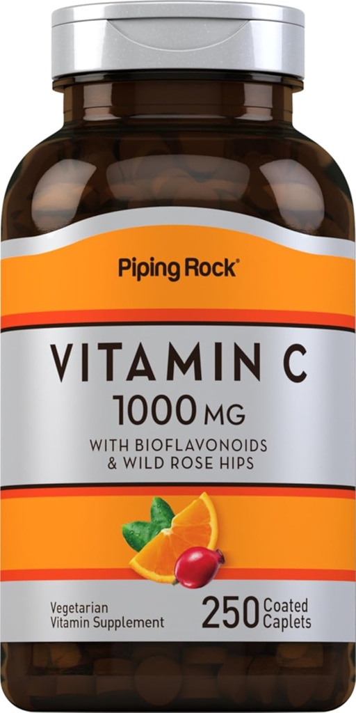 Piping Rock Vitamiin C 1000mg | 250 Caplets | Bioflavonoids & Rose HIPS | Taimetoitlane, mitte-GMO, Gluteenivaba toidulisand