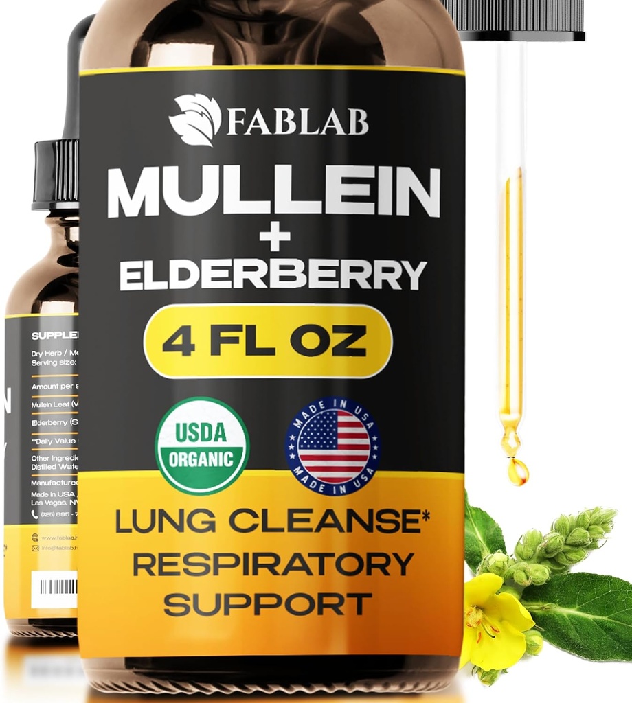FabLab Mullein Leaf Extract koos Elderberry 4 Fl Oz - valmistatud USA - Tilgad Parem Lung - Mullein Tinktuur Lung Detox - Bronhiaalne Puhastus Suitsetajatele - Hingamisteede Taimne Täiendus