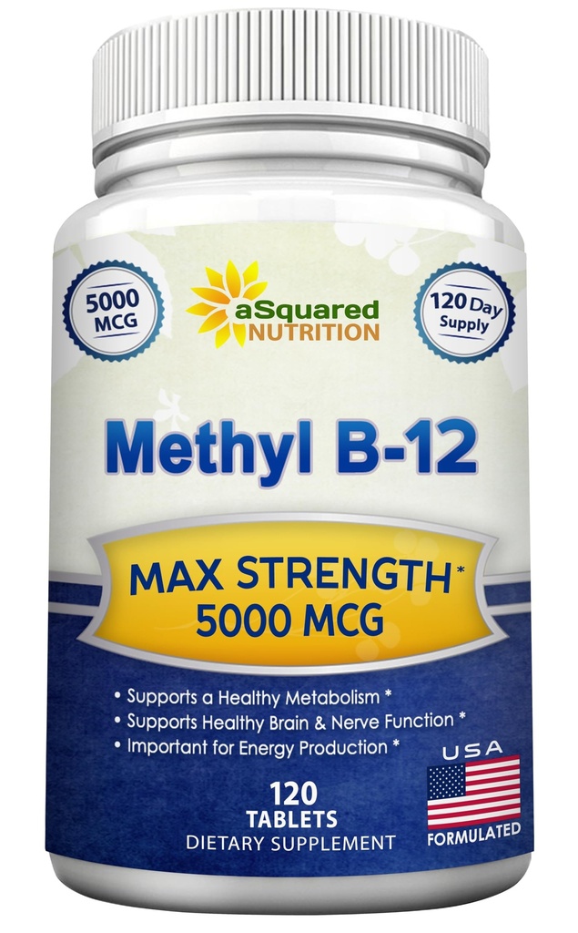 ASquared Nutrition Vitamiin B12-5000 MCG Täiendus Metüülkobalamiiniga (metüül B-12) - Max Tugevus Vitamiin B 12 Toetus, mis aitab suurendada looduslikku energiat, kasu aju ja südame funktsiooni - 120 tabletti