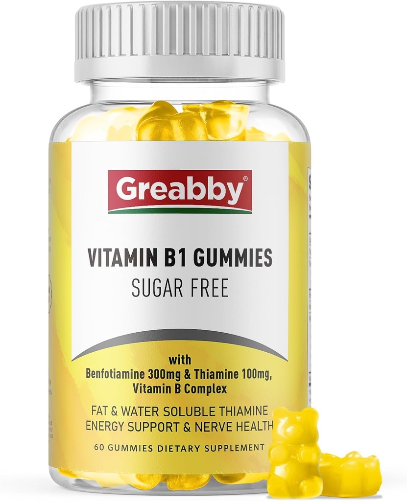 Vitamiin B1 Kummid - Benfotiamiin 300mg ja tiamiin 100mg, suhkruvaba, vitamiin B kompleks närimistable toidulisand, energia suurendamine ja närvisüsteemi Tervis Naistele Mehed, 60 Kummid