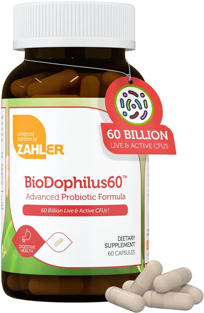 Zahler BioDophilus60, 60 miljardit CFU probiootikum + prebiootikum - 11 tüve päevas probiootiline täiendus - Kosher probiootikumid naistele seedetrakti tervise jaoks, probiootikumid meestele soolestiku tervise jaoks (60 kapslit)