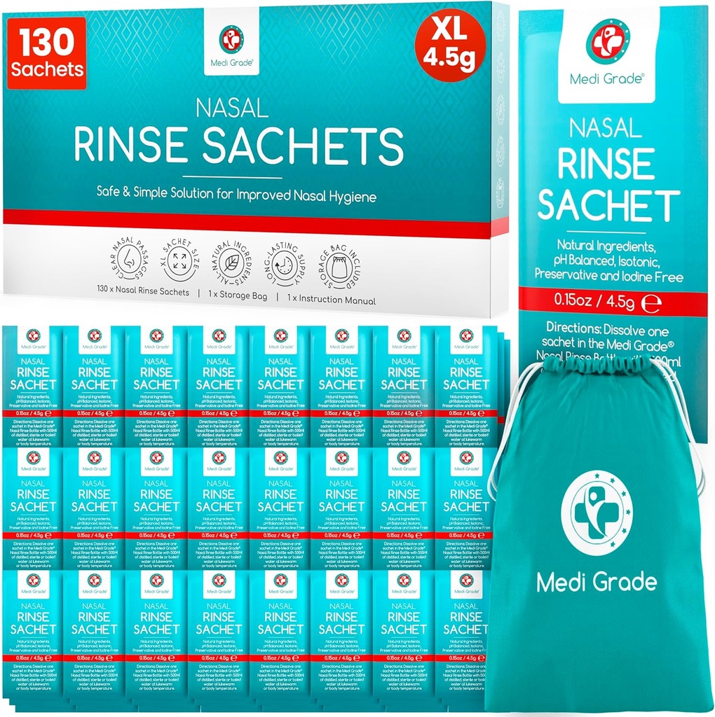Medi Grade Sinus Rinse Packets – Nasal Loputada Essentials Kit 130 x soolapakend ja Mugav Ladustuskott - Nautige pingutusteta nina niisutamine kodus või teel meie Neti Pot soolapakend