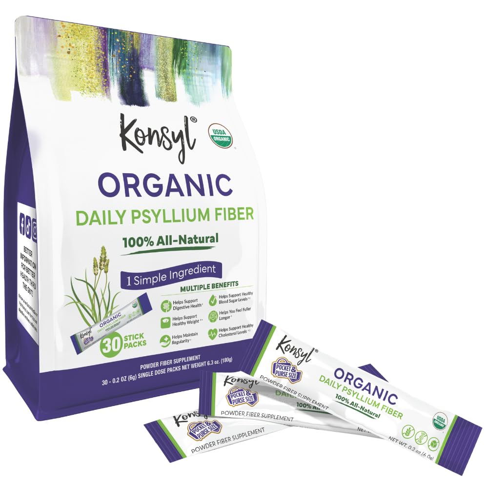 Konsyl Organic Daily Psyllium Fiber Stick Packs - On-The-Go Fiber Supplement Pulber - Mugav, All-Natural Lahustuv Fiber, Gluteenivaba & Suhkruvaba, Vegan & Keto - 30 paketti