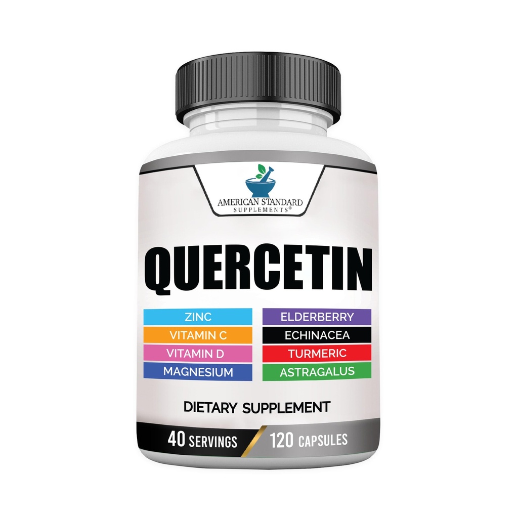 American Standard Supplements Quercetin 1000mg Per Serving Tsink, C-vitamiin, D3-vitamiin, magneesium, Elderberry, Echinacea, Kurkum, Astragalus - Gluteenivaba, Non-GMO, 120 kapslit, 40 Serving