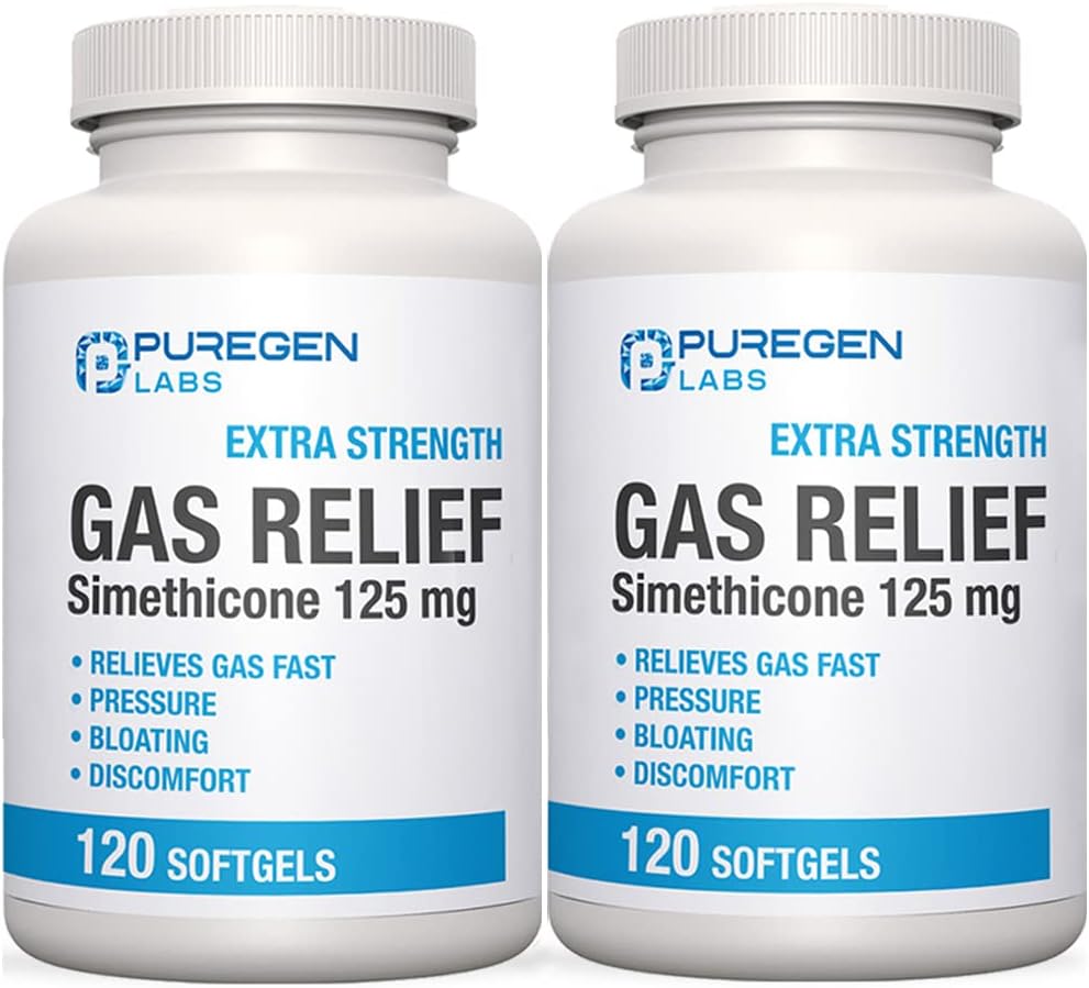 P Puregen Labs Extra Strength Gas Relief Softgels Simethicone 125 mg | Kiire leevendab rõhu, puhituse ja valulik ebamugavus – 2 Pack | Kokku 240 Softgels