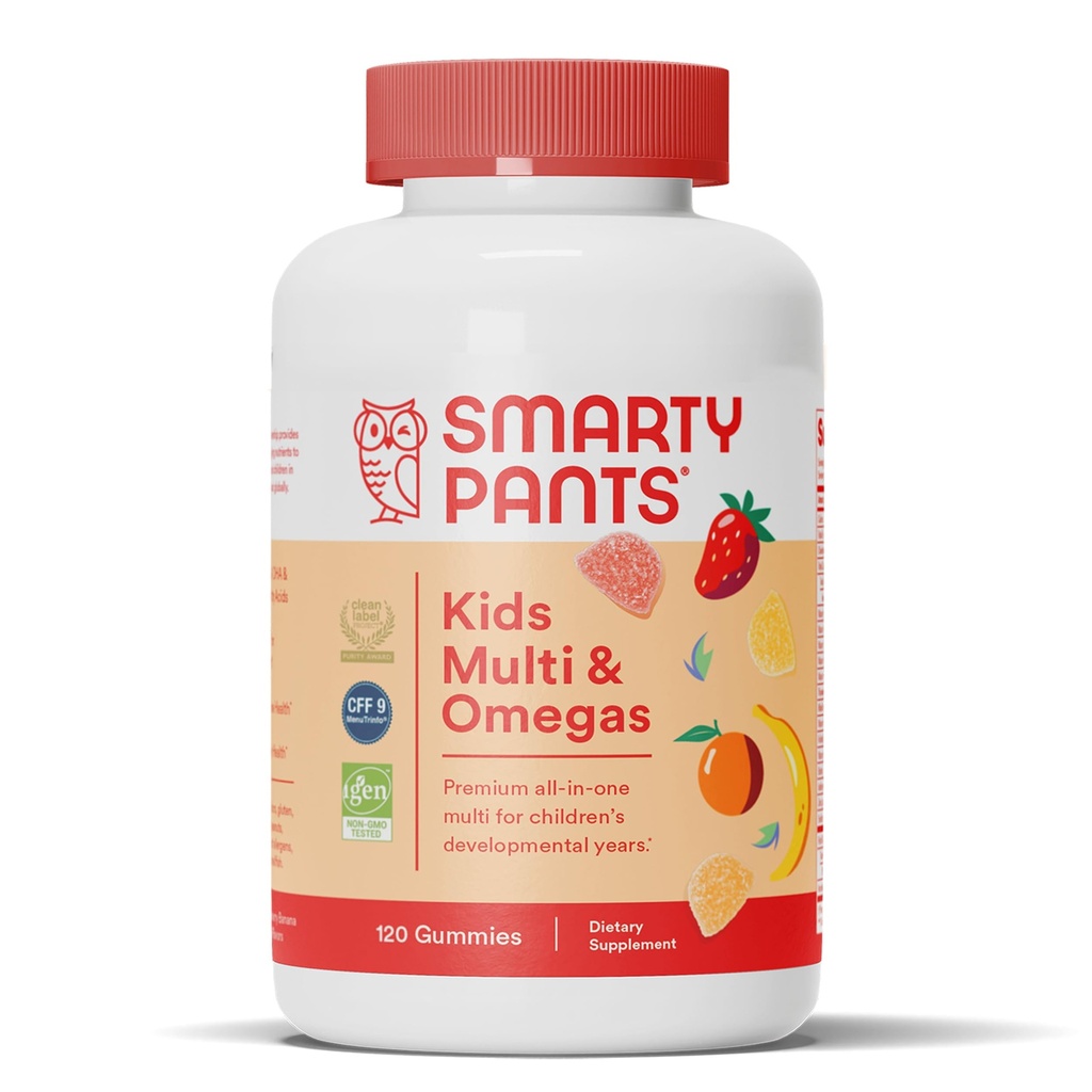 SmartyPants Kids Multivitamiin Gummies: Omega 3 kalaõli (EPA / DHA), vitamiin D3, C, vitamiin B12, B6, A, K & tsink immuunsuse toetamiseks, biotiin, gluteenivaba, kolm puuviljamaitset, 120 loend (30 päeva pakkumine)