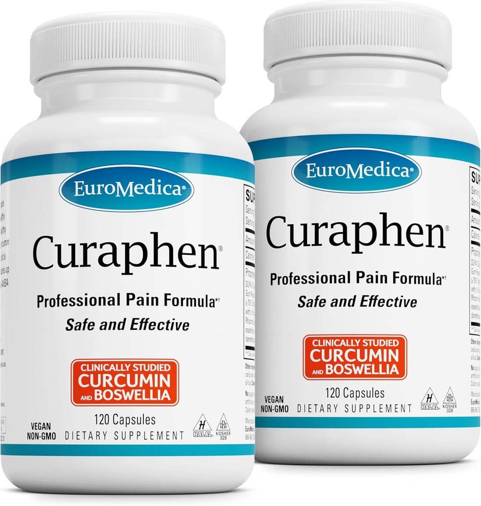 EuroMedica Curaphen - Curcumin Supplement for tsirkulatsiooni ja endorfiini tugi - Toetus juhuslikele ebamugavustele - Aids terved lihased - 120 kapslit, 2 pakendit (240 kapslit)