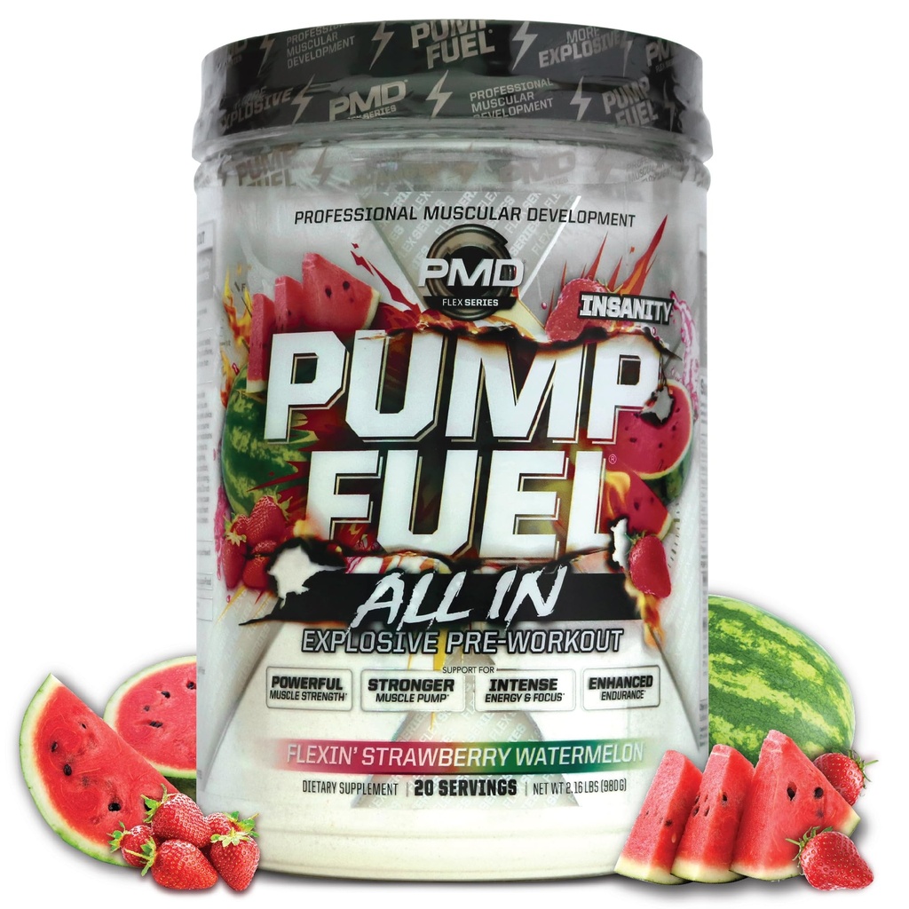 PMD Sport Pump Fuel All insanity, Ultimate Pre Workout & Lihaspump, Maksimaalne tugevus energia, fookus, vastupidavus ja taastumine, Kreatiin ja beeta-alaniin, Flexin' Maasika arbuusid (20 serveerimist)