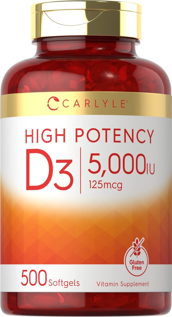 Carlyle Vitamiin D3 5000 IU Softgels | 500 Count | Value Size | Non-GMO ja Gluteenivaba Supplement | High Potency Formula | 125mcg