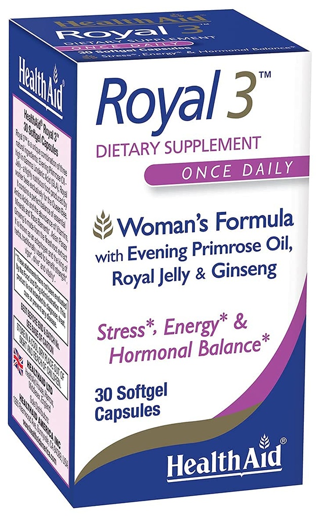 HealthAid Royal 3, Õhtune Primrose Oil, Royal Jelly, ženšenn, Once Daily, 30 kapslit