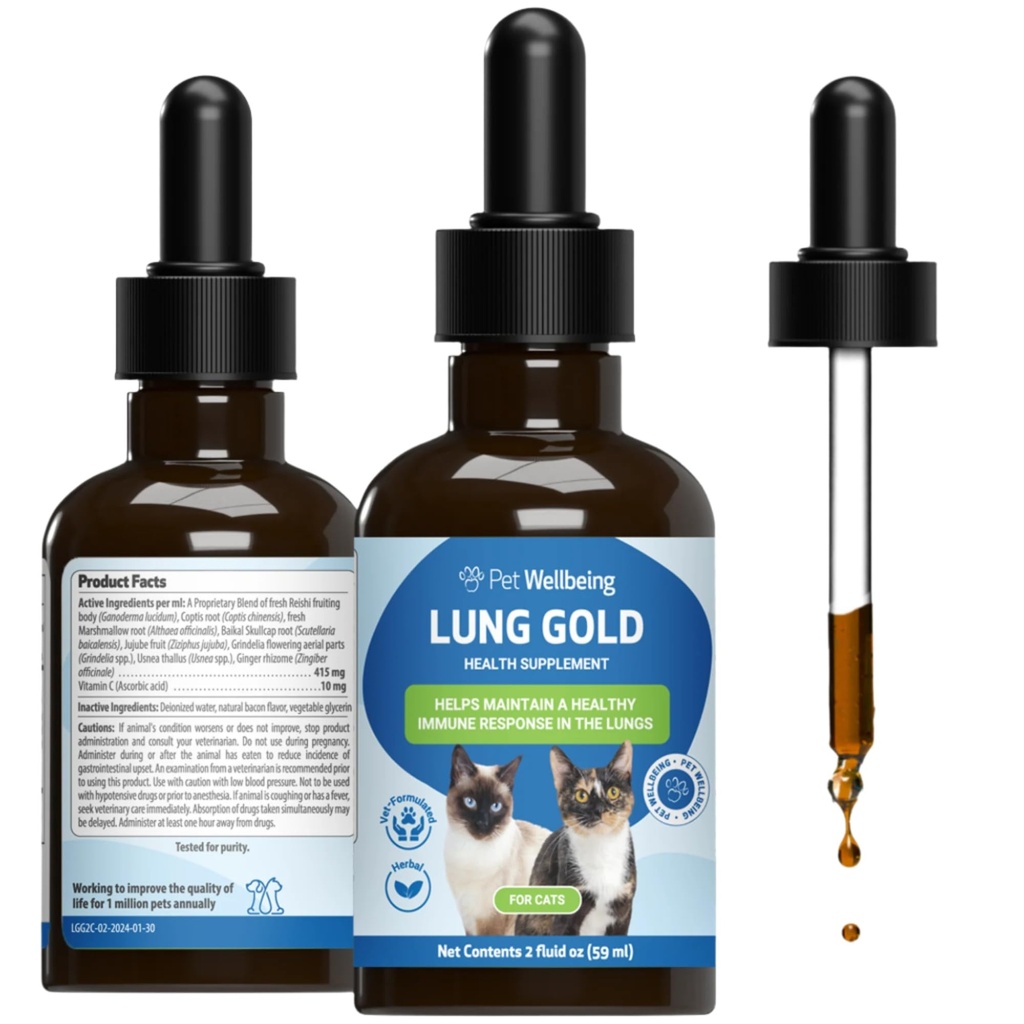 Lemmikloomade heaolu Kopsu kuld kassidele - Kopsu immuuntoetus, Madalam hingamisteede tervis, Open Airways, Normaalne hingamine, Reishi, Coptis - Veterinaaride poolt formuleeritud taimsed toidulisandid - 2 oz (59 ml)