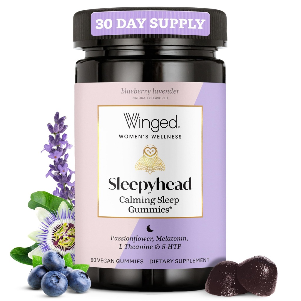 Winged Wellness Sleepyhead Natural Sleep Gummies naistele - Prime Sleep Support Aid täiskasvanutele 3mg Melatoniini, L-Theanine, 5-HTP - Mustika Lavendel Maitsestatud - 30 Servings