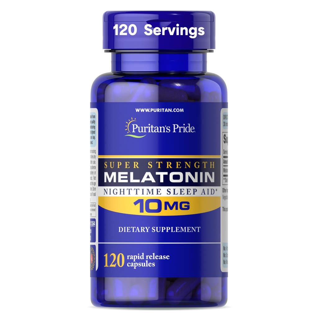 Puritan's Pride Premium Super Tugevus Melatoniin 10mg Sleep Aid, Dietary Supplement heli, puhata ja pikema une tugi, 4 kuu pakkumine, 120 kiire vabastamise kapslid (pakendamine võib varieeruda)