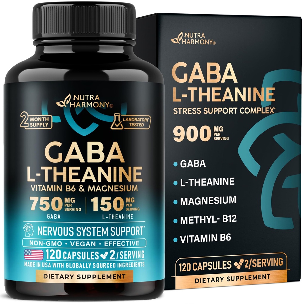 GABA L-Theanine 900 mg - Valmistatud USA-s - Magneesium | Vitamiin B6 - rahulikkus, uni, lõõgastus ja meeleolu tugi - 750 mg Gamma AminoButyric Acid, 150 mg L-Theanine - Non-Habit Forming, Vegan - 120 kapslit