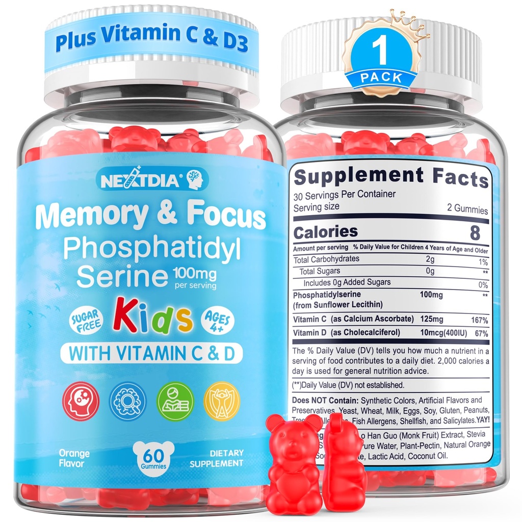 Fosfatidüülseriini täiendus 100mg, fookuskummid lastele teismelised + vitamiin C & D3 400IU, suhkruvabad lapsed Ajukummid suurendavad tähelepanu ja kontsentratsiooni, näritav, vegan, gluteenivaba, mitte-GMO 60Cts