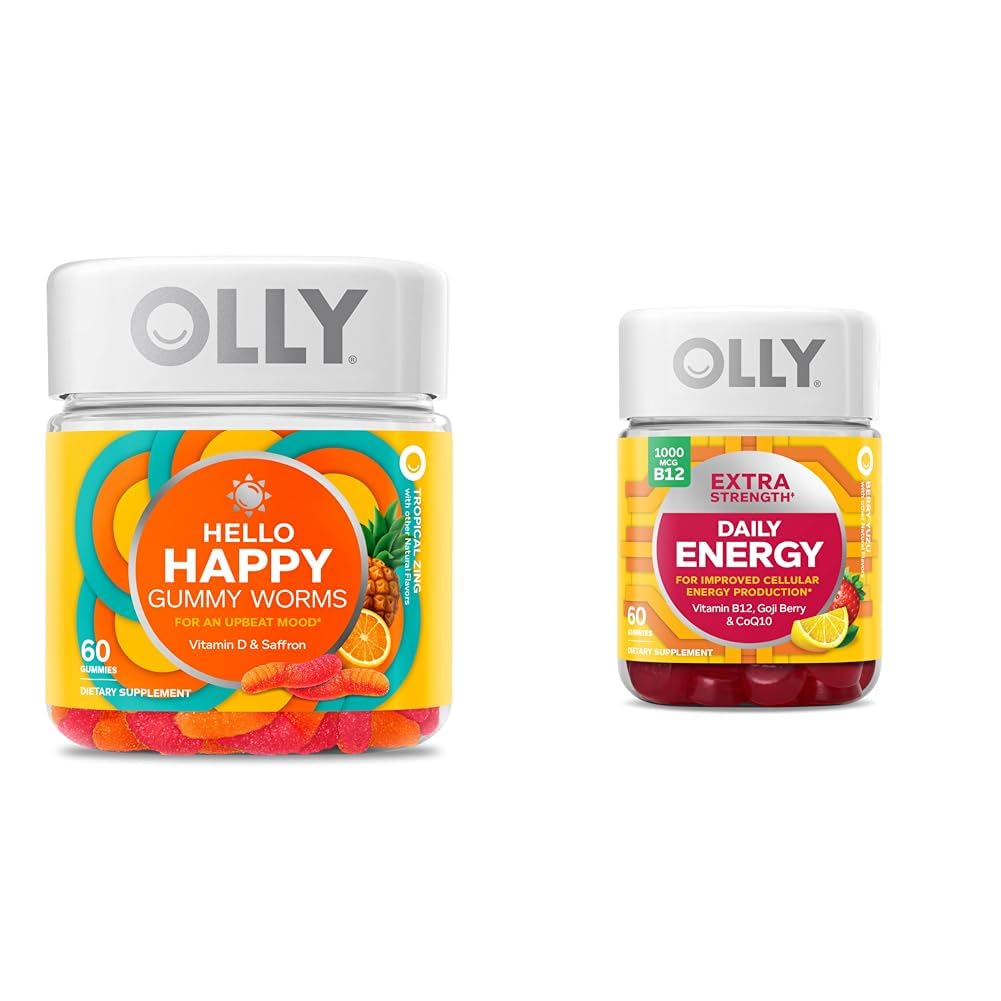 OLLY Hello Happy Gummy Worms, meeleolu tasakaalu toetus, D-vitamiin, safran, täiskasvanute närimistable Supplement & ekstra tugevus Daily Energy Gummy, Kofeiinivaba, 1000 mg Vitamiin B12, CoQ10, Goji Berry