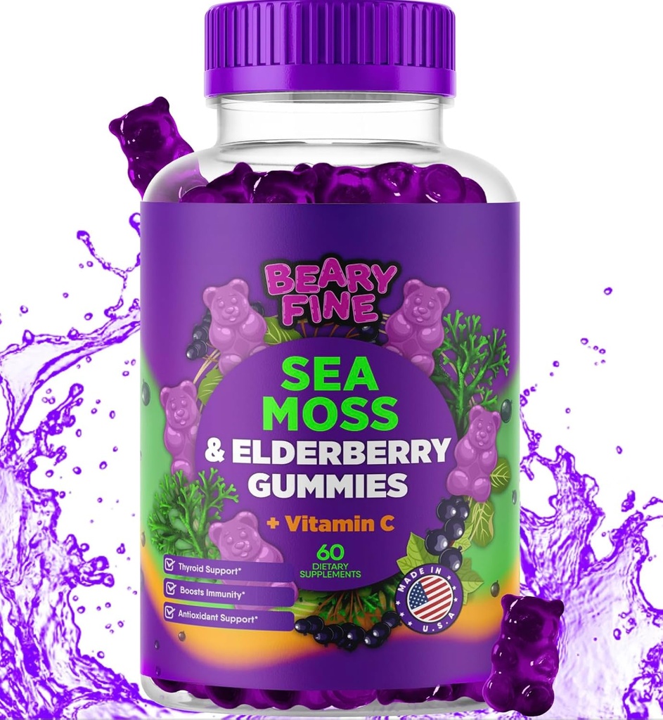 Sea Moss Gummies & Elderberry - C-vitamiin + tsink - ekstra tugev immuunsus ja kilpnäärme toetus kummikarud lastele ja täiskasvanutele - 60 Seamoss Gummies - valmistatud USA-s
