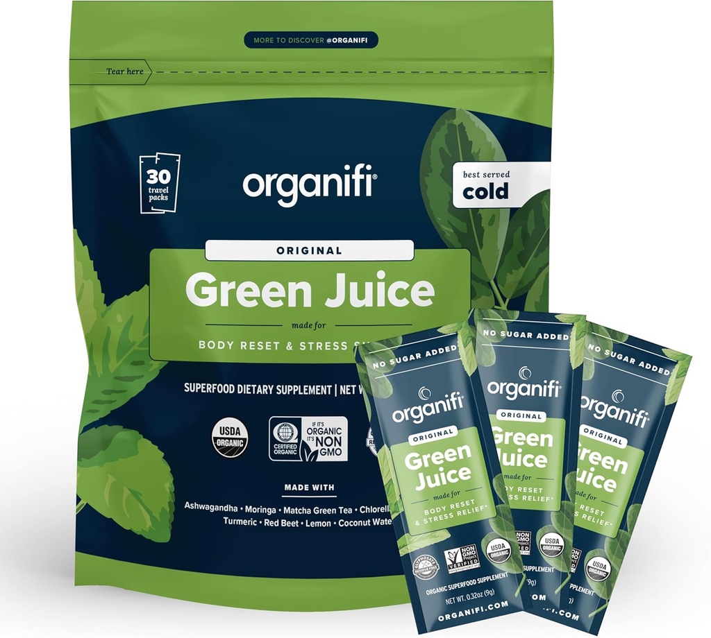 Organifi: GO Packs - Green Juice - Organic Superfood Supplement Powder - 30 reisipakendid - Organic Vegan Greens - hüdraadid ja taaselustab