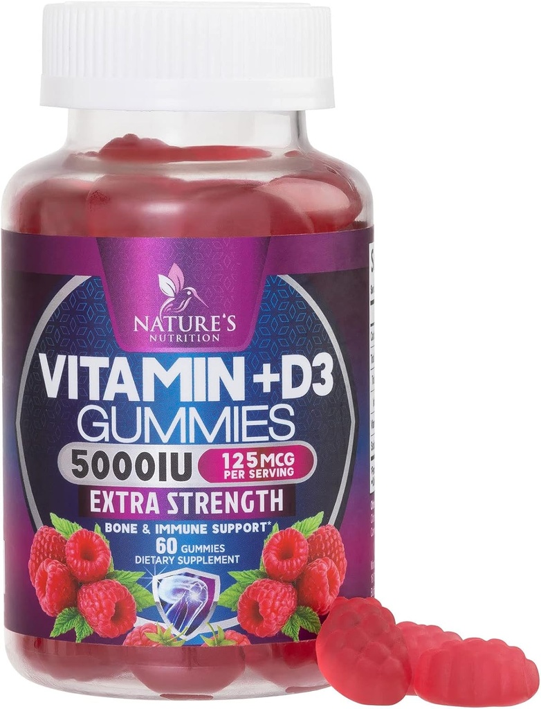 Vitamiin D3 täiendus Gummy 5000 RÜ (125 mcg) Dieet Vitamiinid D meestele ja naistele - Luud, hambad, lihased ja immuunsuse tervise toetamine, kõrge potentsi VIT D3 Looduse mitte-GMO ja gluteenivaba - 60 Gummies