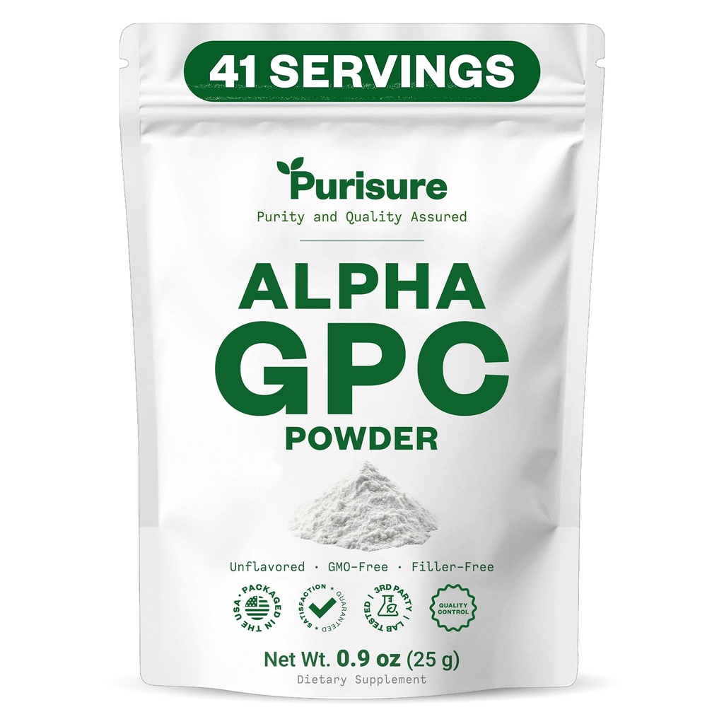 Purisure Alpha GPC pulber, 25 g, puhas alfa GPC koliinilisand ajule ja fookusele, CDP koliinilisandid mälu jõudlusele ja kontsentratsioonile, täiteainete puudumine, mitte-GMO, pakub 42 teenust