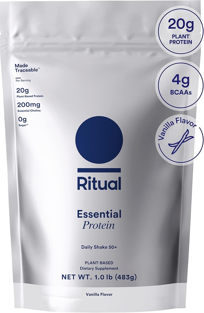 Ritual 50+ Veganvalgu pulber BCAA-ga: 20 g orgaanilist hernevalku USA regeneratiivsetest põllumajandusettevõtetest, taimepõhine, käsitsi valmistatud vanilli, 3. partei testitud, gluteenivaba, piimavaba, mitte-GMO, 1 lbs