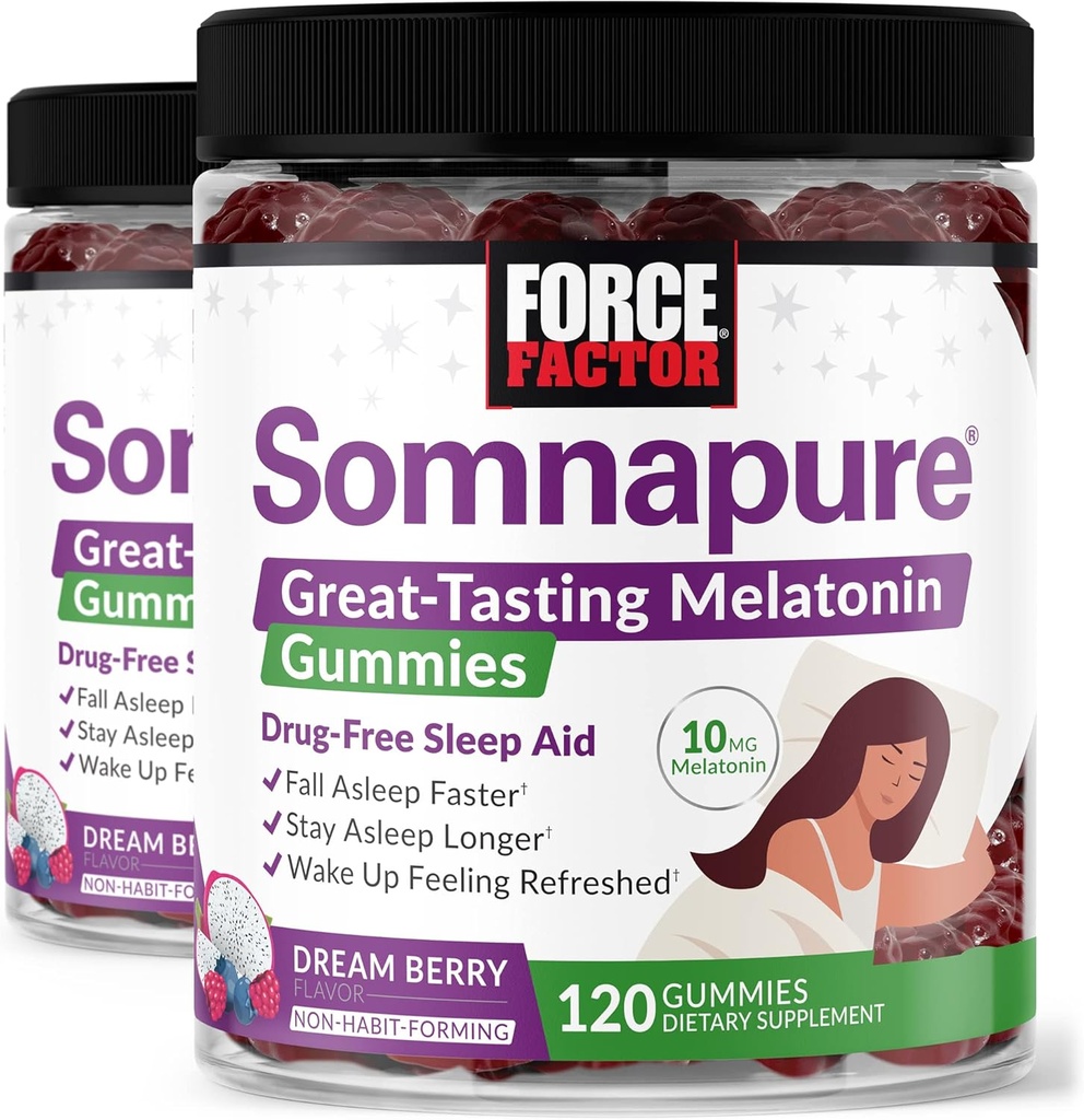 Jõufaktor Somnapure Gummies koos melatoniiniga, Uimastivaba unetoetus täiskasvanutele, kellel on juhuslik unetus, Dream Berry maitse, 120 loend (2. pakk)