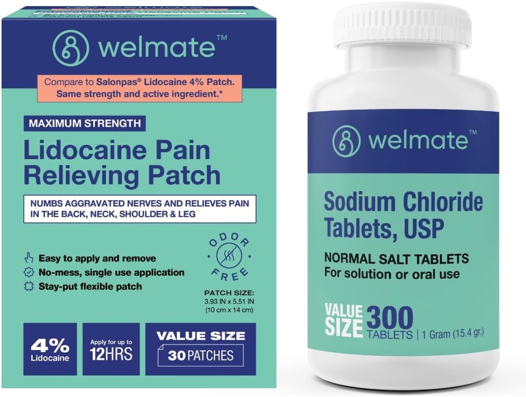 WELMATE Recovery Bundle: Naatriumkloriidi tabletid, 300ct + 4% Lidokaiini Numbing Patch 30 ct