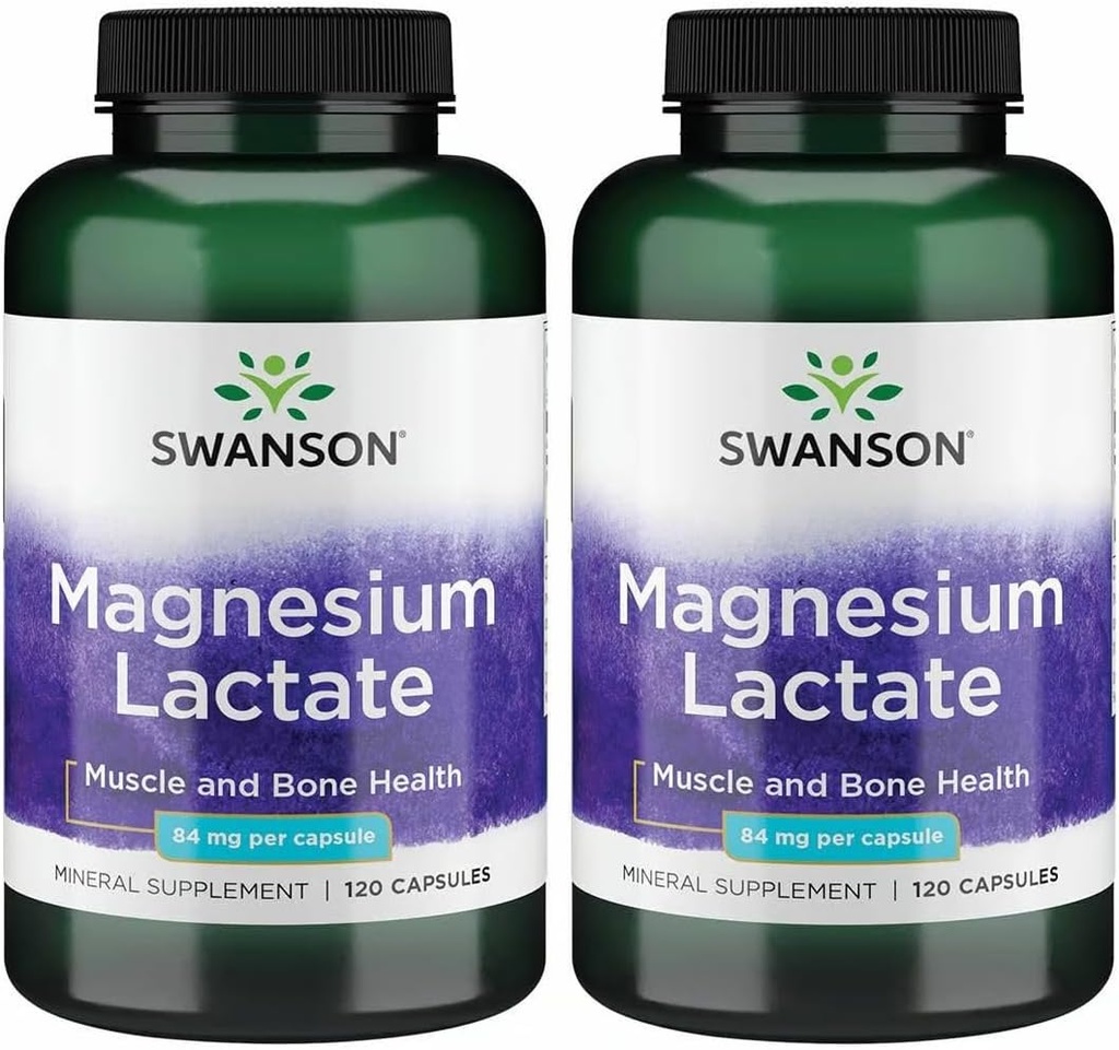 Swanson Magnesium Lactate - Mineral Supplement Promoting Muscle and Bone Health Support - Lactose-Free Lactate Mineral Form for Gentle Absorption - (120 Capsules, 84mg Each) 2 Pack