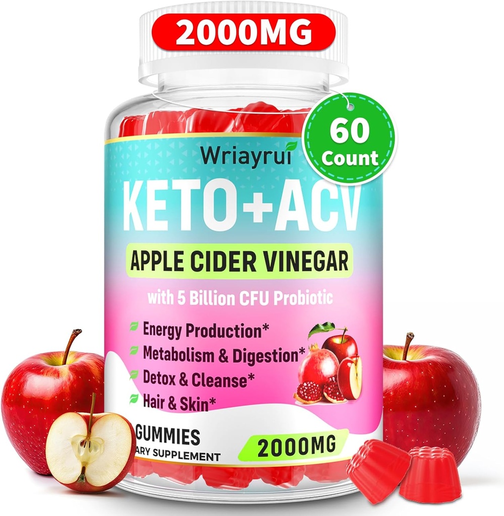 Apple Cider Äädikas Gummies, Fast Ripped Keto ACV Gummies, Max Strength 2000mg, Formuleeritud rohelise tee, B6 & B12, Probiootikumid, ACV Metabolism, Seedimine, Detox & Cleanse, 60 Loeb