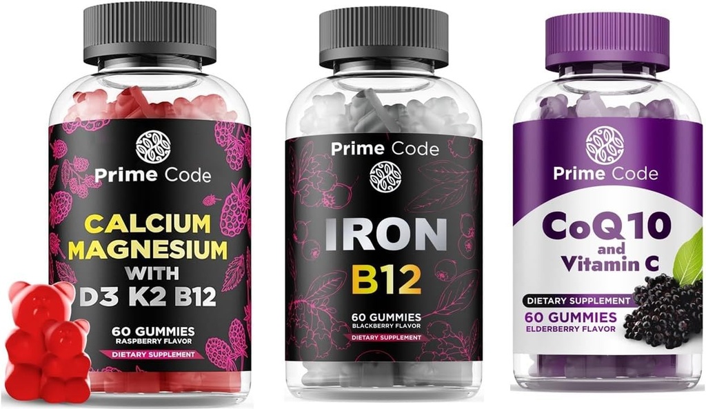 Prime Code Calcium Gummies for Women & Men Magneesium Vitamiin B12 Vitamiin K2 & Vitamiin D3, Raudkummid naistele ja meestele [2 in 1] CoQ10 200mg & Vitamiin C