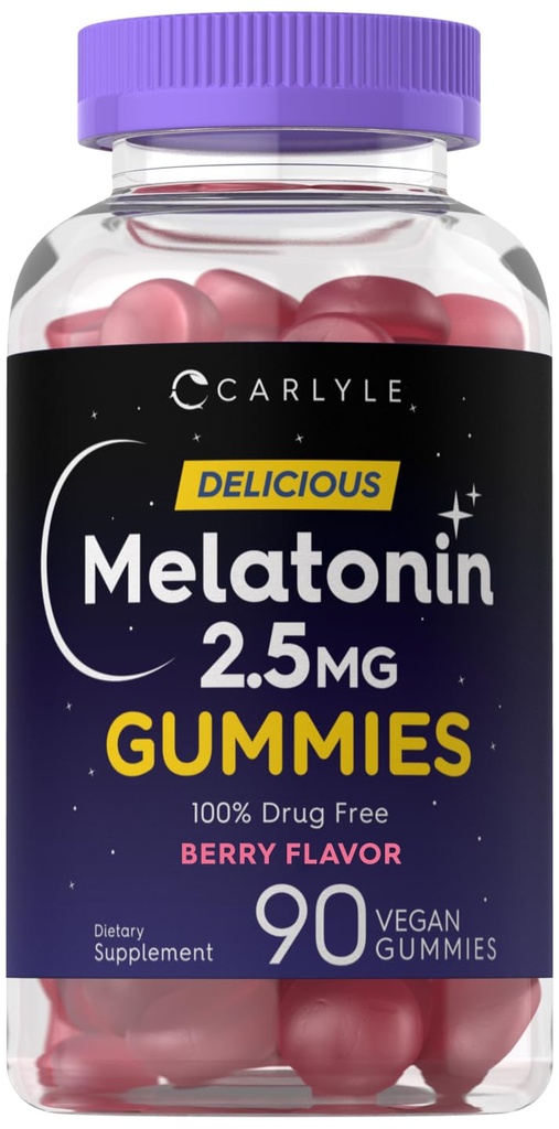 Carlyle Melatoniin 2, 5 mg Gummies | 90 Count | Berry Flavor Gummy Supplement | Vegan, Non-GMO, Gluteenivaba