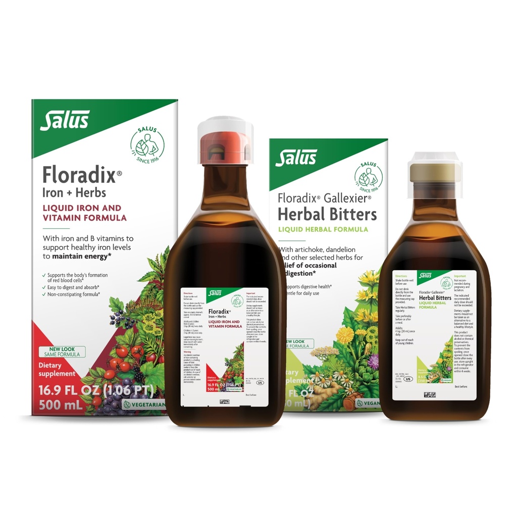 Floradix poolt Salus Gallexier Taimsed Bitters (8,5 oz) & Raud ja maitsetaimed (16,9 oz) Bundle - Taimne Bitter seedetrakti toetuseks * - Raualisandi tervisliku energia toetuseks *