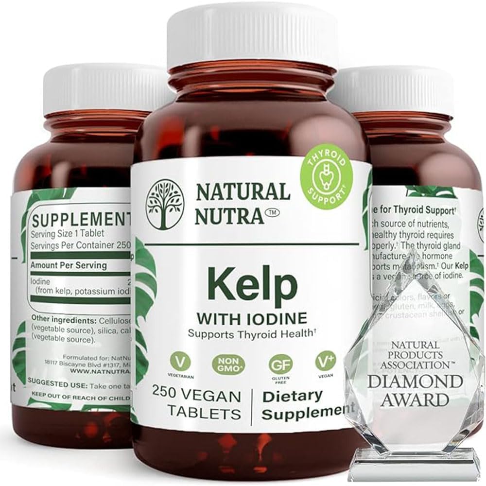Natural Nutra Kelp joodi kilpnäärme tugi täiendada, tugevdab immuunsüsteemi ja reguleerib ainevahetust, Vegan Sea Kelp, Non GMO, Atlantic Sourced Seaweed Extract, 225 mcg, 250 tabletti (Pack of 2)