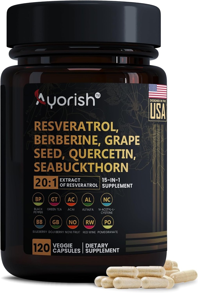 Resveratrooli lisand | Berberiini viinamarjaseemne ekstrakt Quercetin Green Tee ekstrakt Acai Noni Polüfenooli lisand naistele ja meestele, N-atsetüültsüsteiin NAD Booster 120 Count