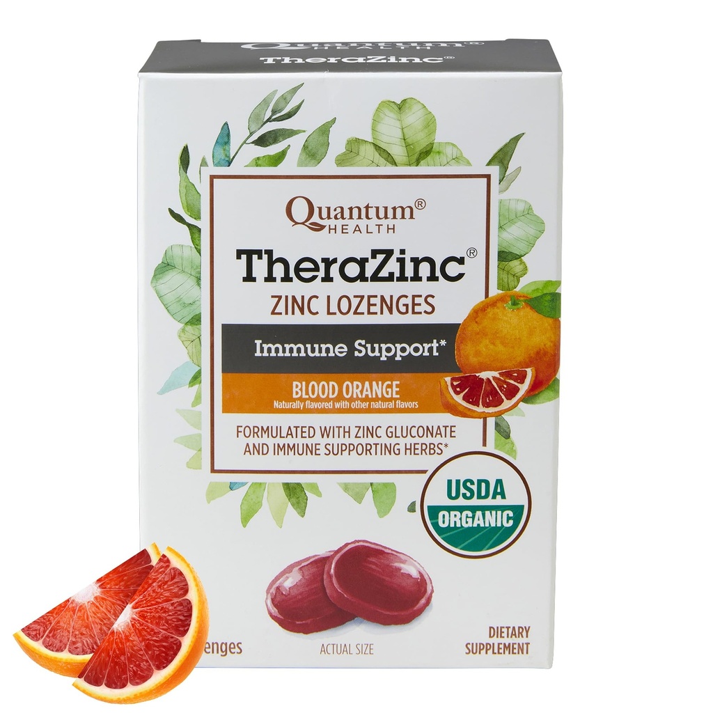 Quantum Health TheraZinc Orgaaniline Tsink Lozenges Echinacea & Honey Immune Support täiskasvanutele ja lastele 12+ Looduslikult maitsestatud veri Apelsin Kiire leevendus ilma järelmaitseta - 25 Count