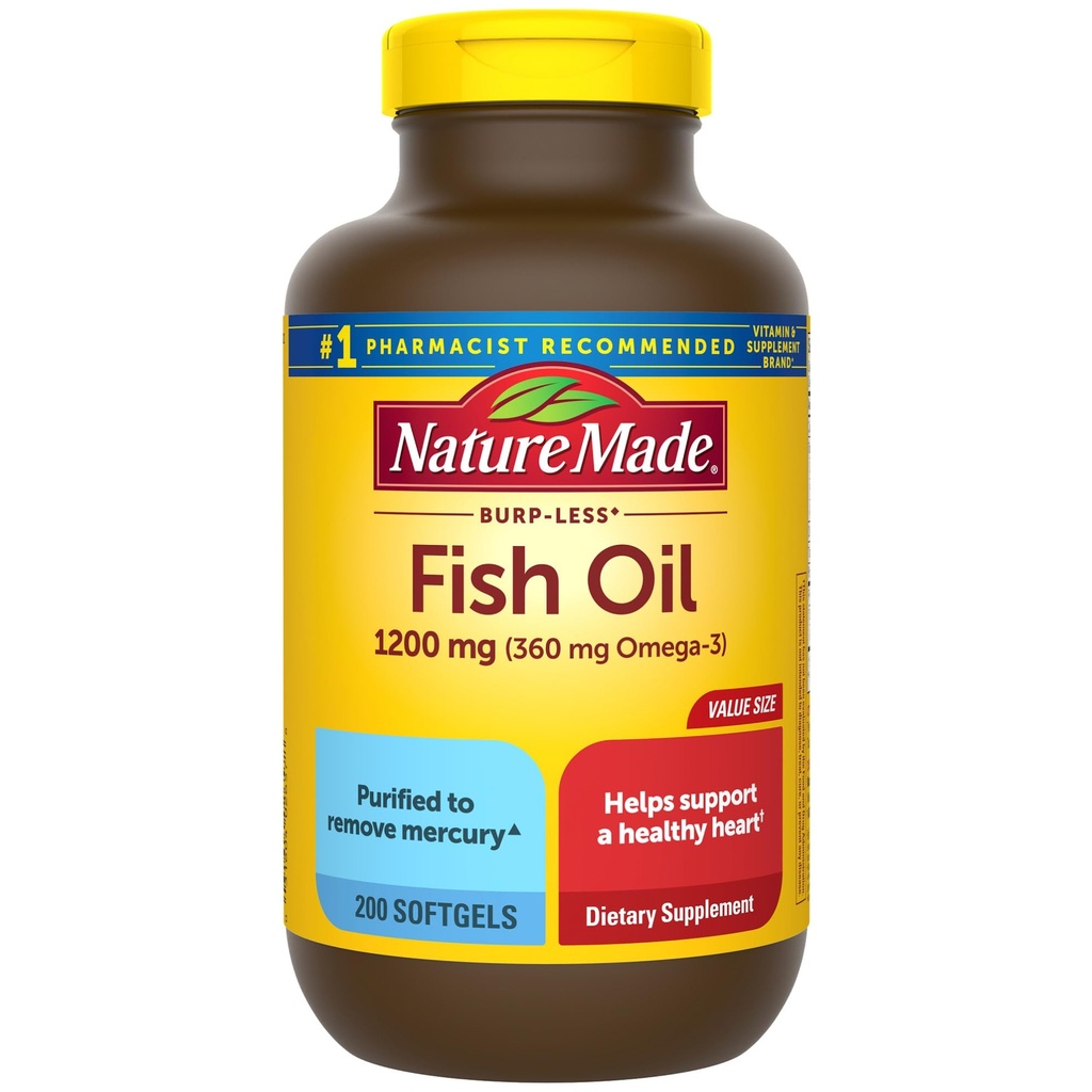 Loodus Made Burp Vähem kalaõli Omega 3 Toidulisandid, 1200 mg Softgels, Omega 3 Kalaõli Tervislik südametoetus, 200 Softgels, 100 päeva pakkumine