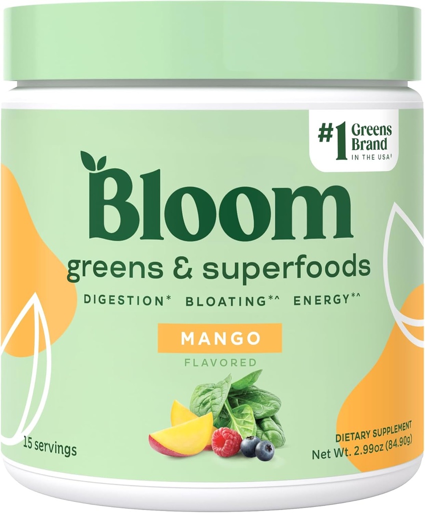 Bloom Nutrition Superfood Greens Powder, Seedeensüümid w / Probiootikumid ja prebiootikumid, Soolestiku Tervis, Puhutav Abi naistele, Chlorella, 15 SVG (15 Servings (Pack of 1), Mango)