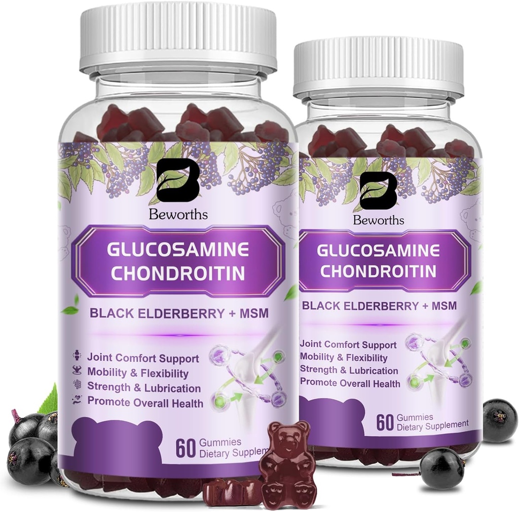 (2 Pack) Glükoosamiin Chondroitin Gummies, eriti tugev ühine tugi täiendada MSM ja Elderberry liikuvuse ja paindlikkuse, antioksüdantide toetus meestele ja naistele, 120 Gummies