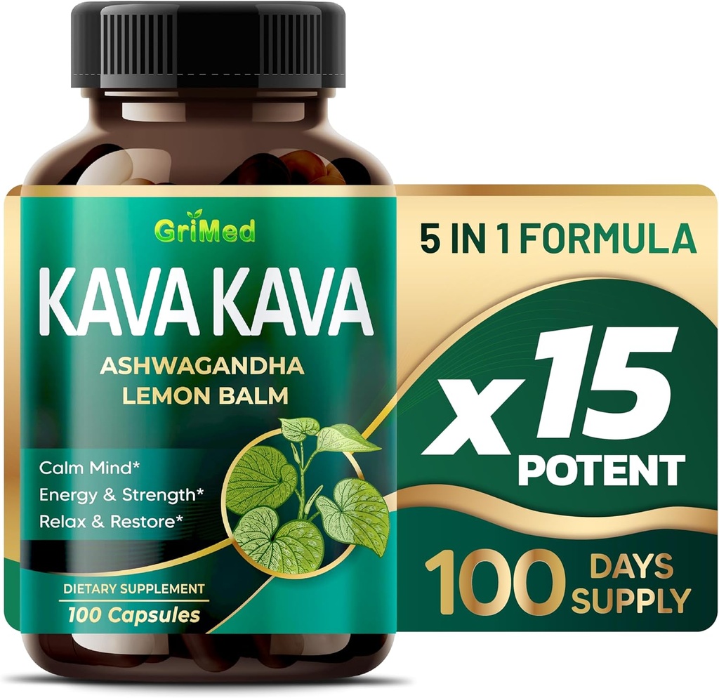 GriMed Kava 19 700mg - X 15 Power with Ashwagandha Lemon Balm - tugevus, lõdvestumine, taastamine, rahu - valmistatud USA-s (100 loend (1. pakk))
