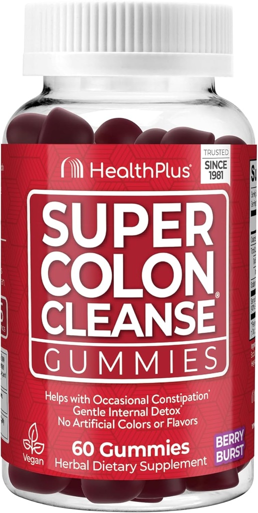 Health Plus Super Colon Puhastab Gummies 15 päeva pakkumise õrn üleöö Relief juhuslik kõhukinnisus, Natural Senna Leaf ekstrakt, toidulisand, segatud marja maitse, 60 Count
