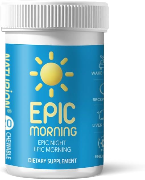 Epic Morning - Maksa Detox & Repair Supplement koos DHM, piimaohakas, vitamiin C, B1, B2 & granaatõuna - looduslik granaatõuna ja virsikumaitse - 20 närimistabletti maks toetust ja hommikul taastamise