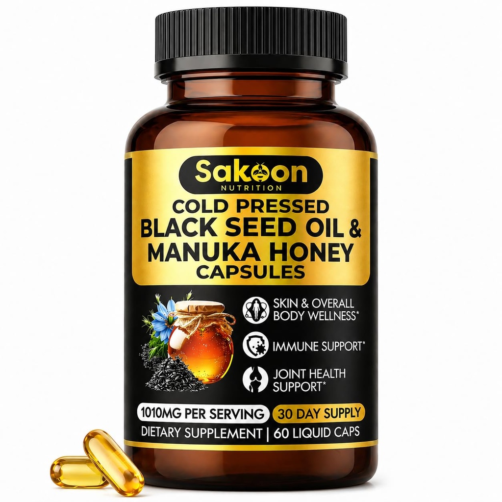 Musta seemne õli kapslid - Uus-Meremaa Manuka mesi, külm pressitud Türgi Nigella Sativa õli, 2% tümokinoon, immuun- ja seedetrakti tugi, valmistatud USAs, 60 Count, 1010mg ühe portsjoni kohta