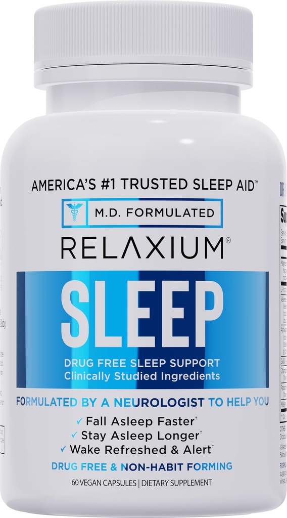 Relaxium Sleep Aid - Professional tugevuse valem täiskasvanutele | 5mg melatoniin, magneesiumglütsinaat, Valerest & Ashwagandha | Mitte-Habit moodustav unetugi | 60 kapslit, 30-päevane pakkumine