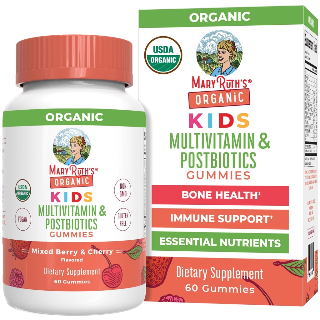 MaryRuth Organics Kids Vitamins | USDA Organic | Multivitamiin Gummies + Postbiootikumid vanuses 4+ | Lactobacillus Rhamnosus | Vegan | Non-GMO | 60 Count