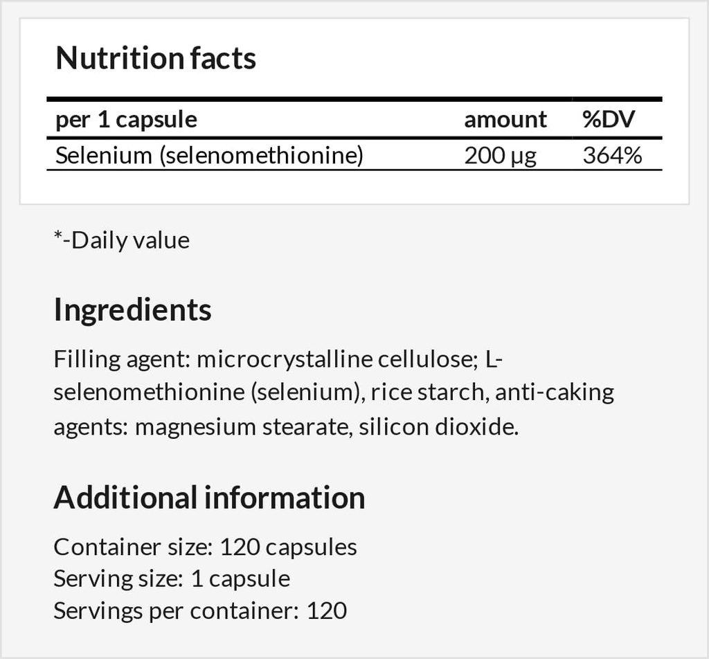 Selenium 200 μg (Selenometioniin) - 120 kapslit - 4 kuu pakkumine - toidulisand kilpnäärme ja immuunsüsteemi toetamiseks - MZ