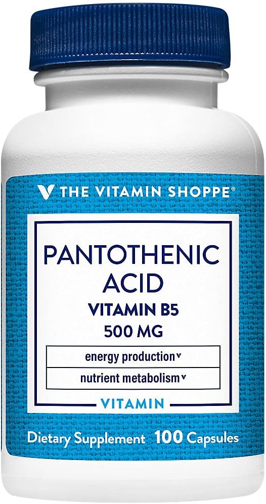 Vitamiin Shoppe Pantoteenhape 500MG, vitamiin B5, toetab energia tootmist ja juuksed, nahk, küüned, üks kord päevas (100 kapslit)
