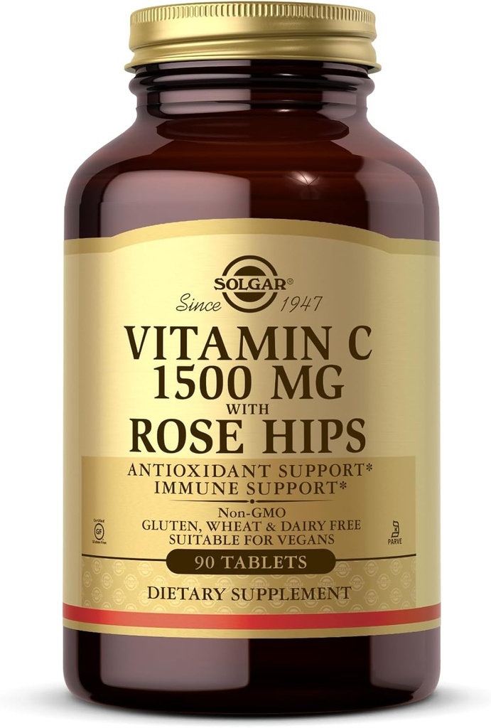 Solgar Vitamiin C 1500 mg koos Rose HIPS, 90 tabletti - Antioksüdandid ja immuunsüsteemi tugi - üldine tervis - toetab tervislikku nahka ja liigeseid - mitte-GMO, vegan, gluteenivaba, piimavaba, Kosher - 90 Servings