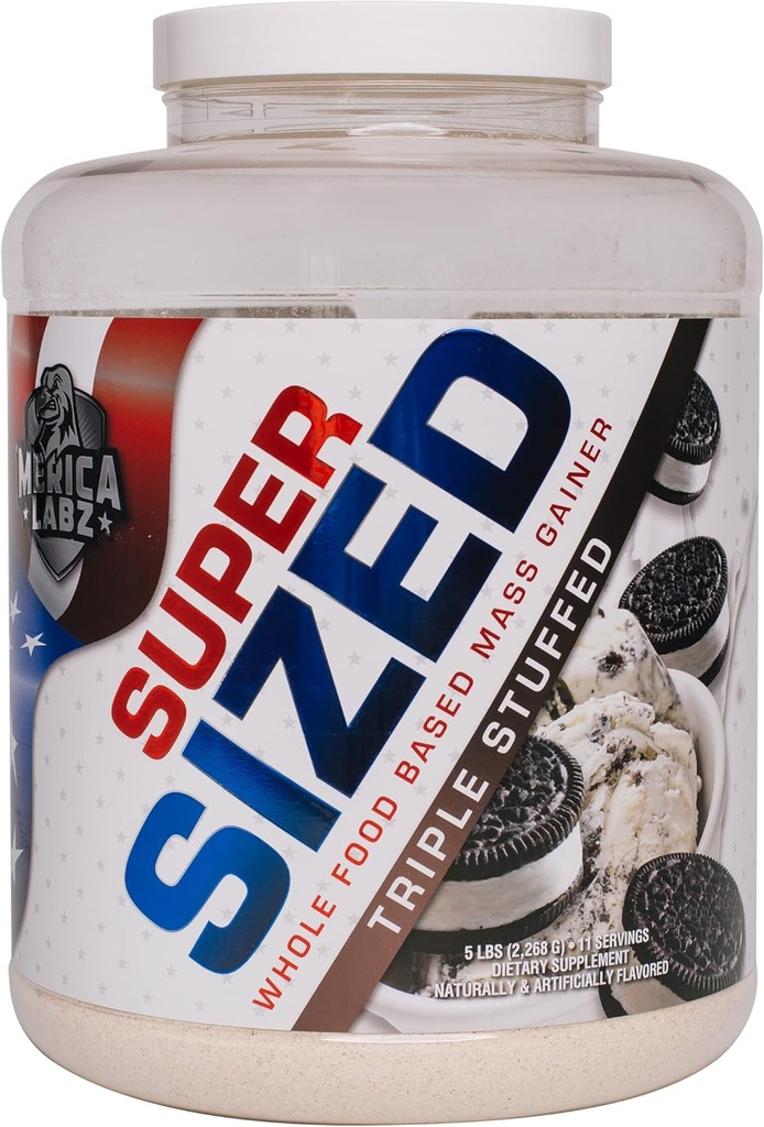 "Merica Labz Super Sized Whole Food Based Mass Gainer 46 g valguga, sisaldab seedeensüüme lihtsaks seedimiseks, 5 naela (kolm täidisega)