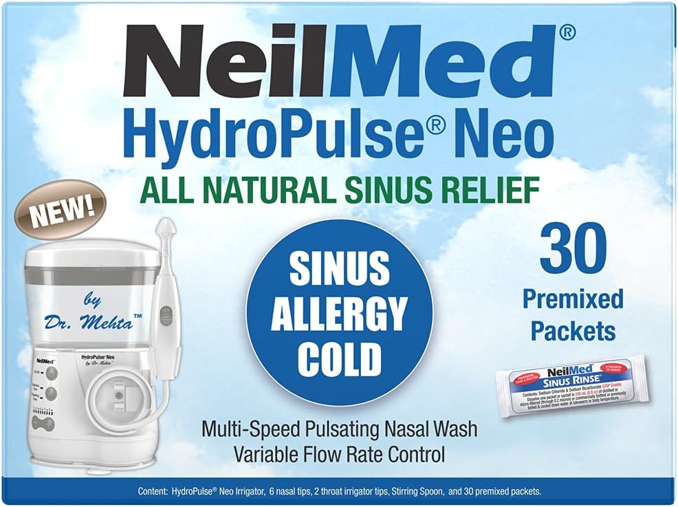 NeilMed HydroPulse Neo. Multi-Speed Electric Pulsating Nasal Siinus Irrigation System 30 Sinus Rinse Premixed Packets.