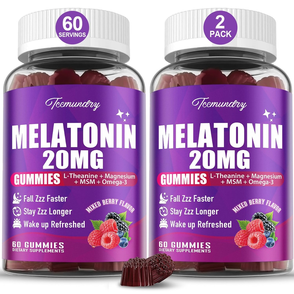 Melatoniin Gummies 20mg täiskasvanutele - maksimaalne tugevus Melatoniin Gummies L-Theanine, Magneesium, Omega-3, MSM, D3 & Zinc - Mitte-Habit Forming, Vegan, Non GMO, Natural Mixed Berry Maitse